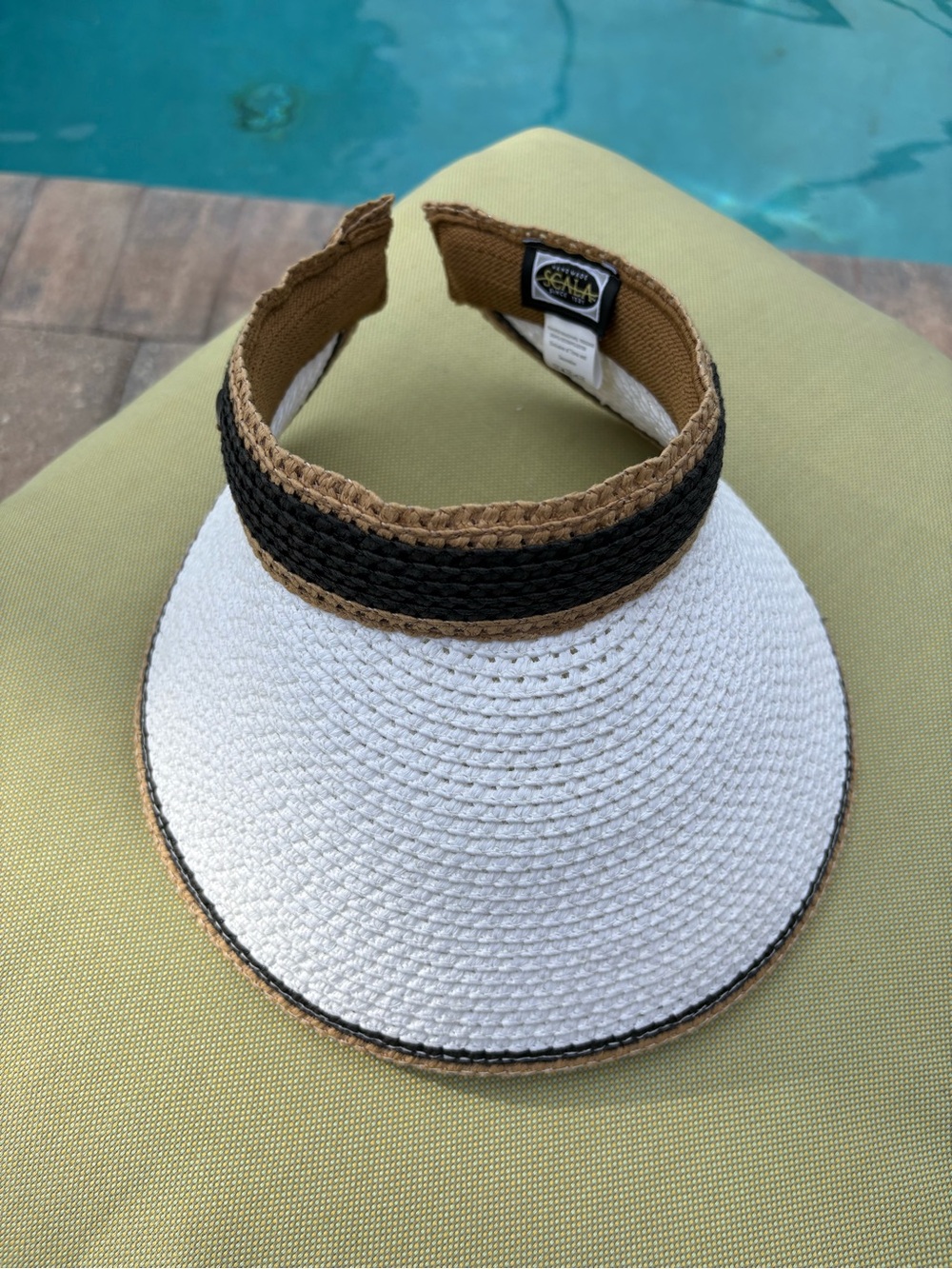 Scala Handmade Paper Braid Sun Visor White Black Tan Beach Golf Resort